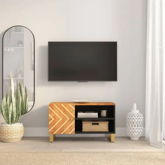 Premium Szafka pod TV, brązowo-czarna 80x31,5x46 cm, lite drewno mango Lumarko! - Hurtownia wielobranżowa Lumarko